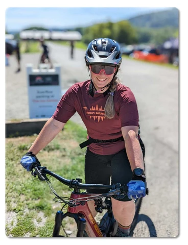 Logan Shuman, kitchen and bath designer at Lacillade, on a trail ride near Waterbury, Vermont